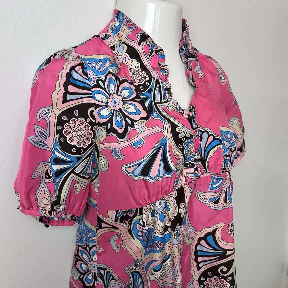 Vintage Y2K Banana Republic Silk Pink Paisley Babydoll Top Button Close Ruffle S
